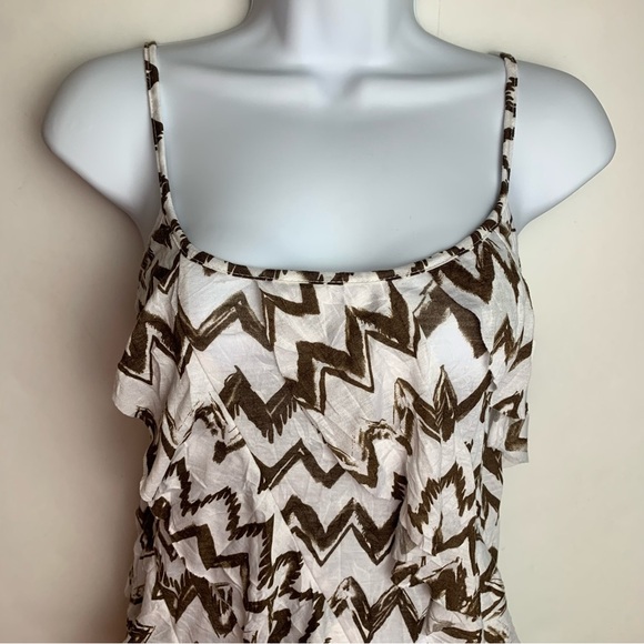 AB Studio White Brown Chevron Spaghetti Straps Fringe Blouse - Picture 4 of 16